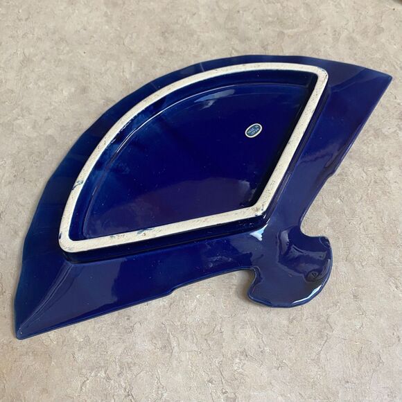 Vintage Cobalt Blue Japanese Fan Porcelain Dish Gold Trim Hand Painted VTG Decor - Picture 3 of 6